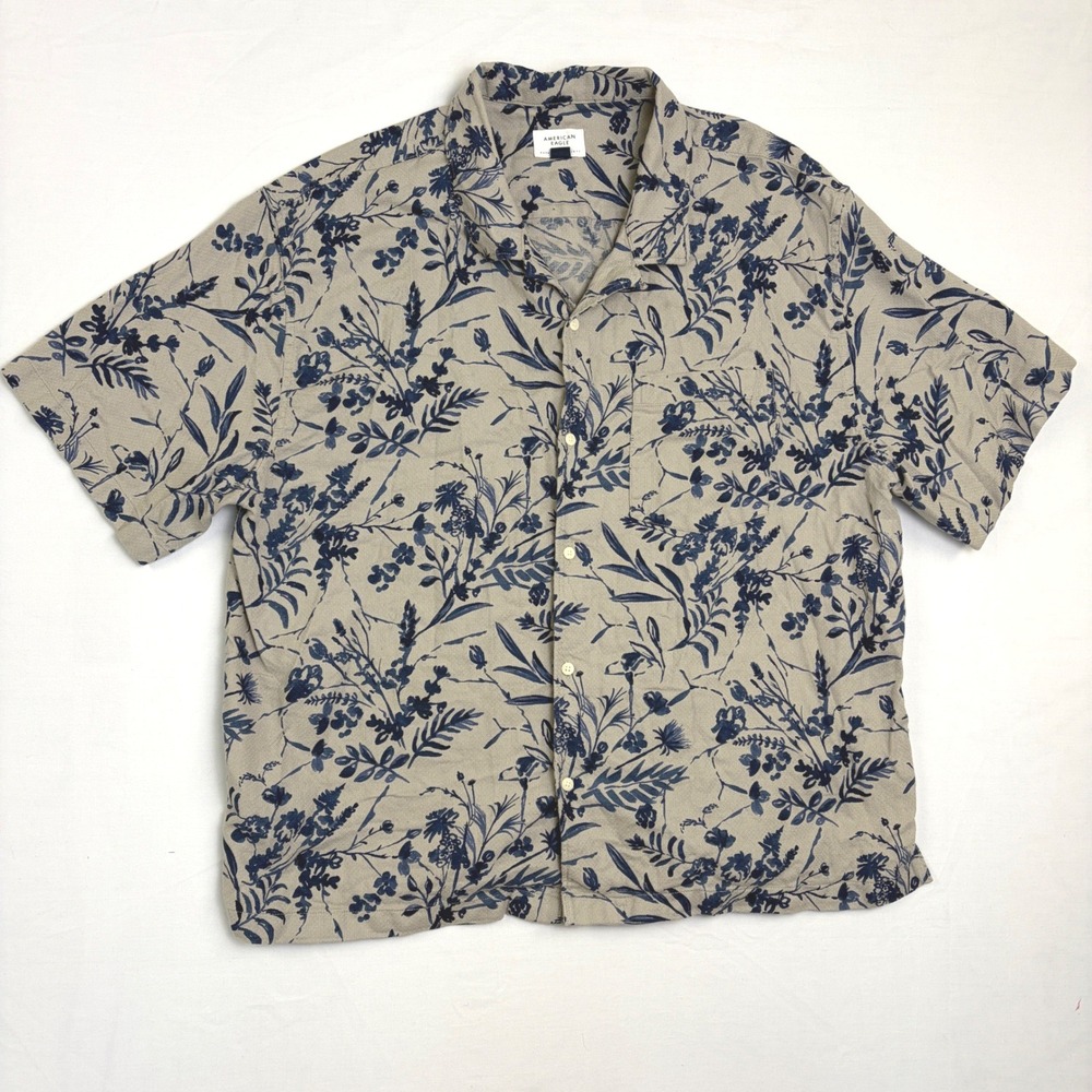 American‎ Eagle Mens XXL Floral Button Down Shirt Tan Blue Short Sleeve Cotton